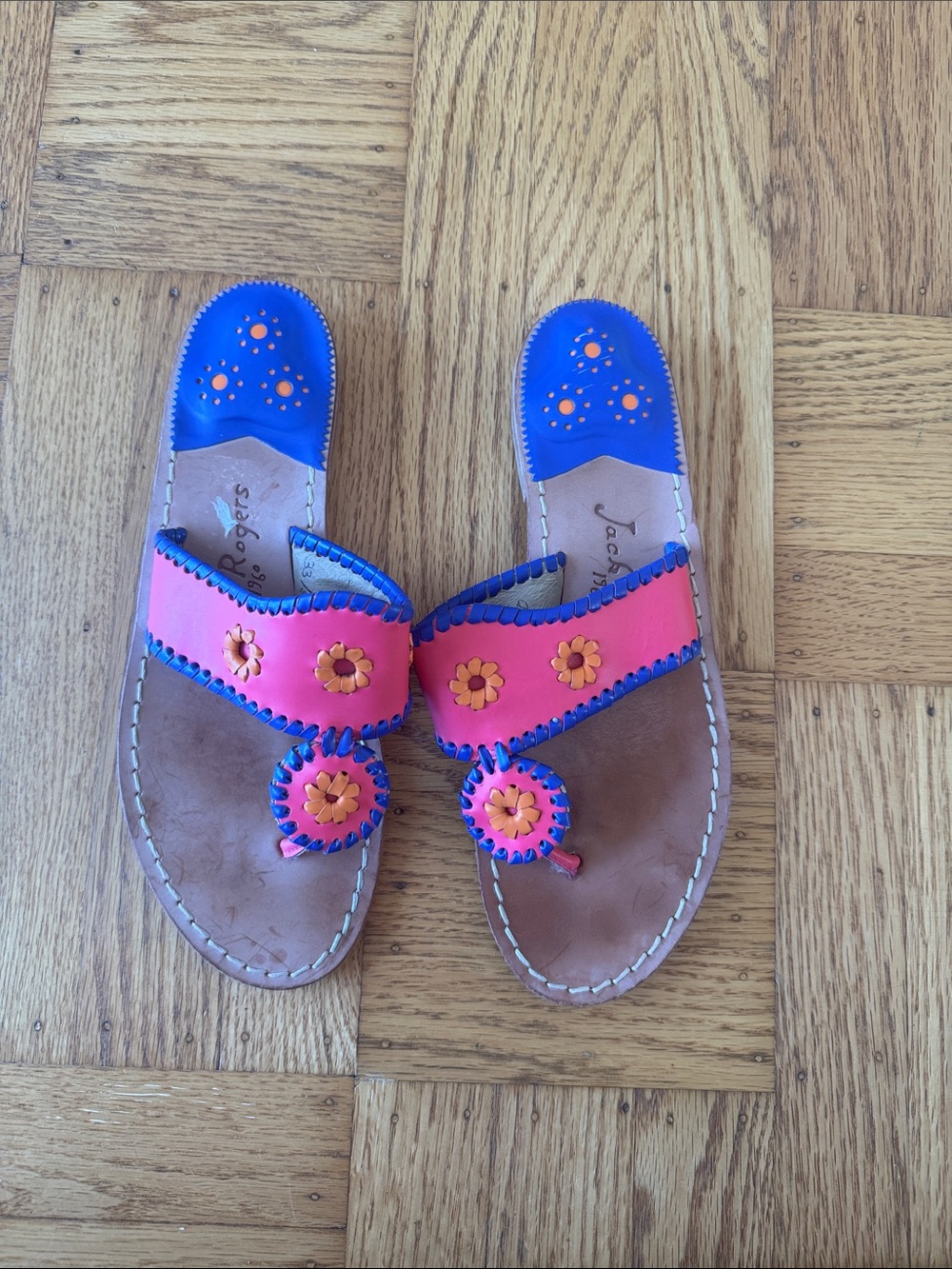 Jack Rogers | Navajo Sandals leather whipstitch blue pink 8.5